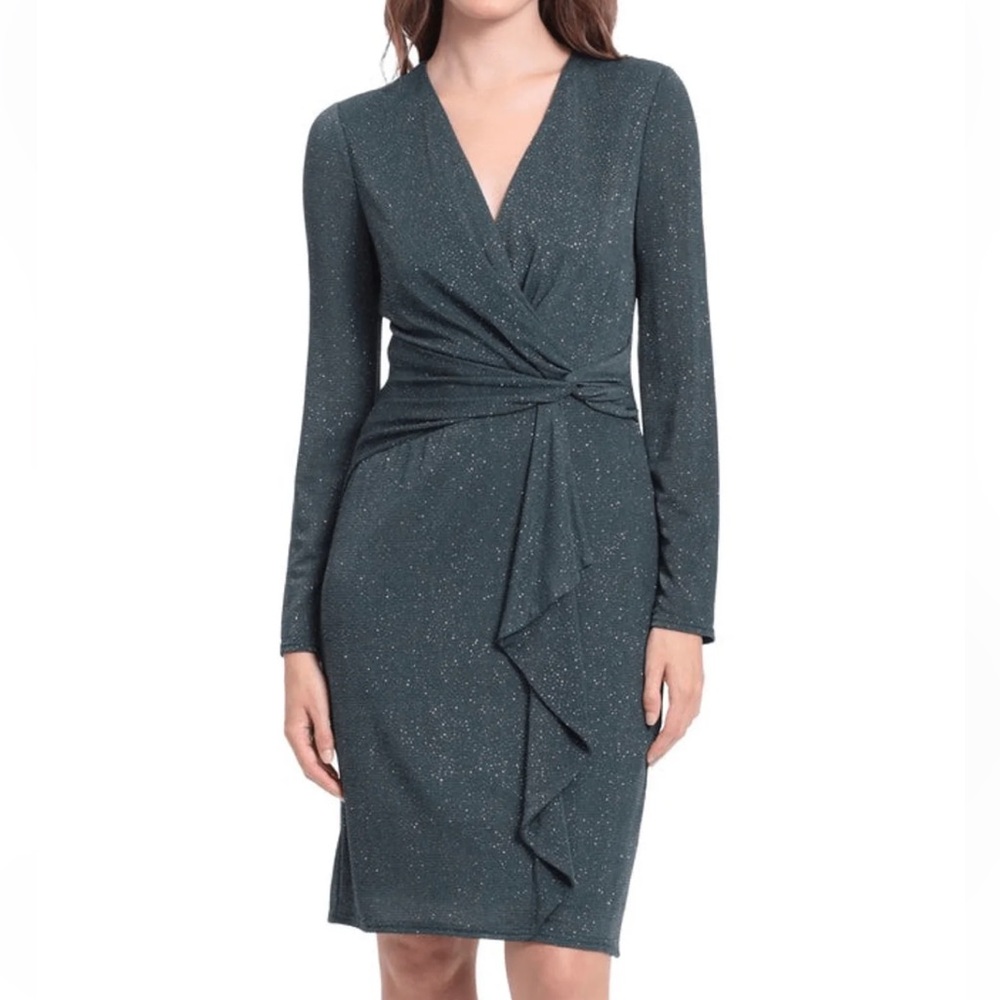 London Times - Long Sleeve Drape Cocktail Dress - Green Size 4
